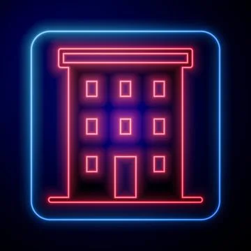 Glowing neon Multi storey building icon isolated on black background. Vector Ilustración de archivo