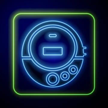 Glowing neon Music CD player icon isolated on blue background. Portable music Stock Illustration