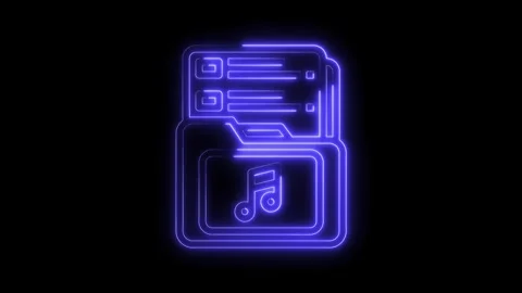 Glowing neon music folder icon animation on black background music storage and Stock Footage 322971682