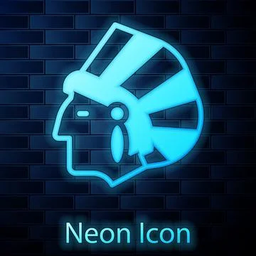 Glowing neon Native American Indian icon isolated on brick wall background. V Stock Illustration