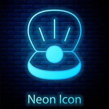 Glowing neon Natural open shell with pearl icon isolated on brick wall Illustrazione stock