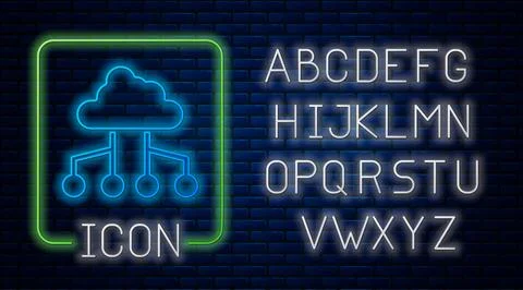 Glowing neon Network cloud connection icon isolated on brick wall background Stock Illustration