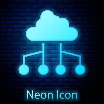 Glowing neon Network cloud connection icon isolated on brick wall background Stock Illustration