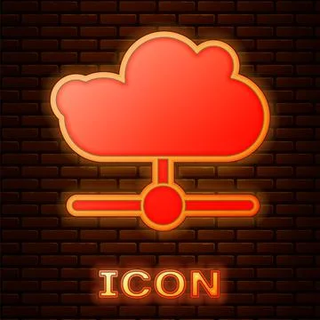Glowing neon Network cloud connection icon isolated on brick wall background Stock Illustration