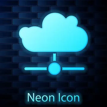 Glowing neon Network cloud connection icon isolated on brick wall background Stock Illustration