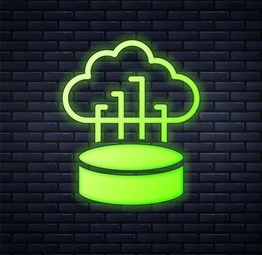 Glowing neon Network cloud connection icon isolated on brick wall background. Illustrazione stock