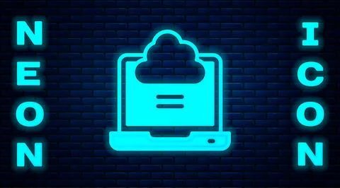 Glowing neon Network cloud connection icon isolated on brick wall backgroun.. Illustrazione stock