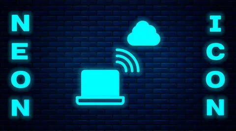 Glowing neon Network cloud connection icon isolated on brick wall backgroun.. Stock Illustration