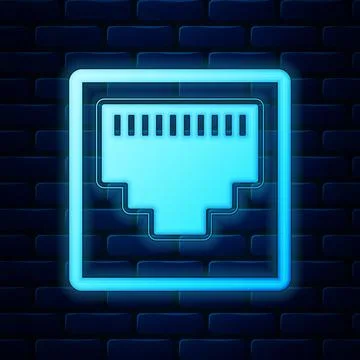 Glowing neon Network port - cable socket icon isolated on brick wall background Stock Illustration