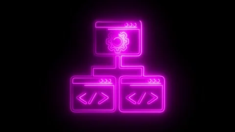Glowing neon network system icon with gear and code symbols on black backgr.. Stock Footage 314712934