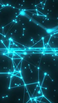 Glowing neon nodes connected by dynamic lines forming an abstract digital n.. Stock Illustration