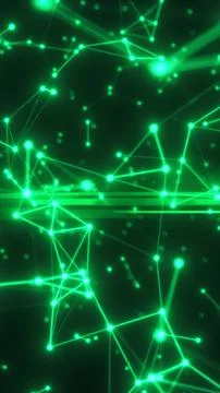 Glowing neon nodes connected by dynamic lines forming an abstract digital n.. Stock Illustration