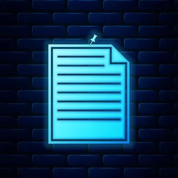 Glowing neon Note paper with pinned pushbutton icon isolated on brick wall Stock Illustration
