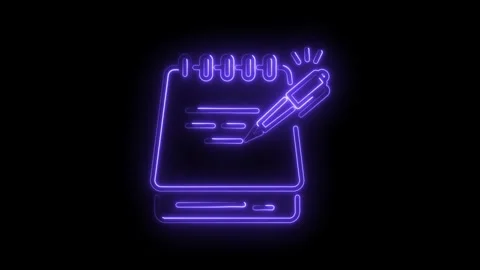 Glowing neon notebook animation with pen for writing notes on a black background Stock Footage 330776792