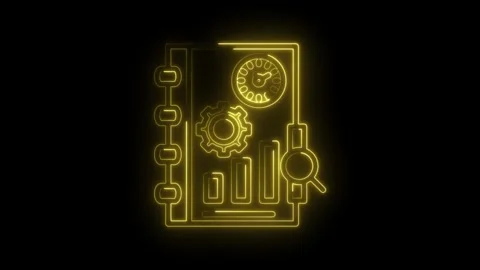 Glowing neon notebook with gear,clock,graph,and magnifying glass icon animati Stock Footage 312319163