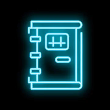 Glowing neon notebook icon with blue light effect on black brick wall backg.. Stock Illustration