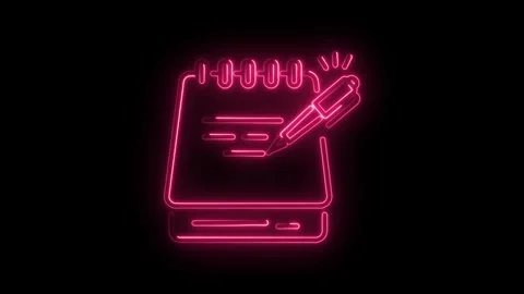 Glowing neon notebook with pen animated icon on black background for digita.. Stock Footage 345996921