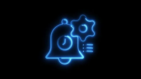 Glowing neon notifications bell setting time reminders on black background .. Stock Footage 308458864