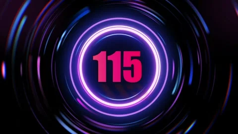 Glowing neon number 115 countdown animation with spinning rings with purple Vídeo Stock 344516027