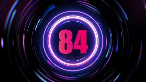 Glowing neon number eighty four inside rotating circular light rings for Stockbeeldmateriaal 347758759