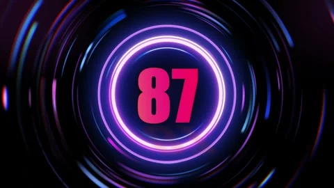 Glowing neon number eighty seven rotating inside abstract circular light tunnel Vídeo Stock 344714056