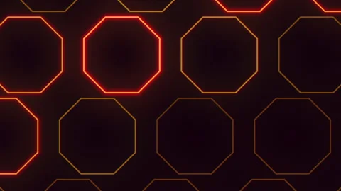 Glowing neon octagon grid background with futuristic red and orange light Stock Footage 334140588