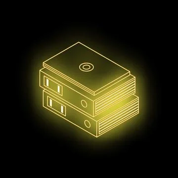 Glowing neon office binders stacked on black background 스톡 일러스트
