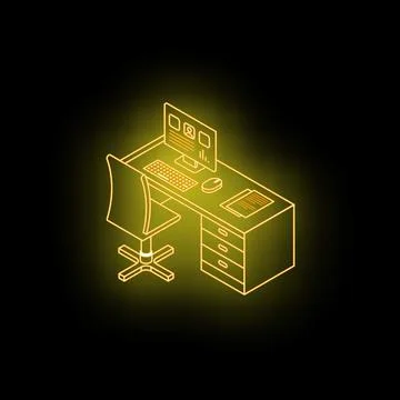 Glowing neon office desk with computer and chair representing remote work Stock Illustration