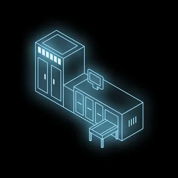 Glowing neon office interior with desk, computer, and storage in dark room Stock Illustration