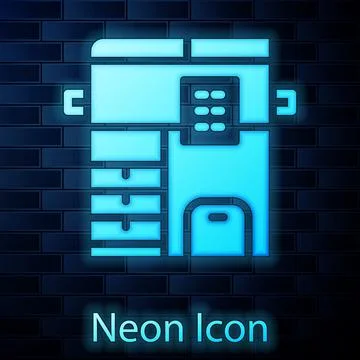 Glowing neon Office multifunction printer copy machine icon isolated on brick Stock Illustration
