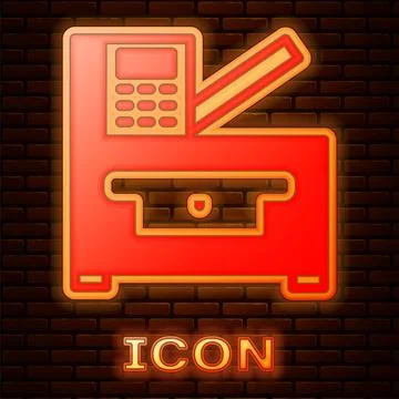 Glowing neon Office multifunction printer copy machine icon isolated on brick Stock Illustration