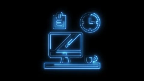 Glowing neon office workplace setup featuring computer clock and coffee cup Stock Footage 322973406