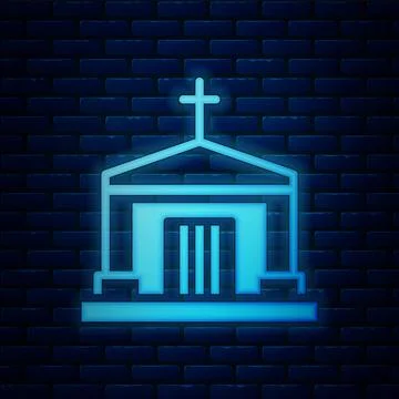 Glowing neon Old crypt icon isolated on brick wall background. Cemetery symbol Ilustración de archivo