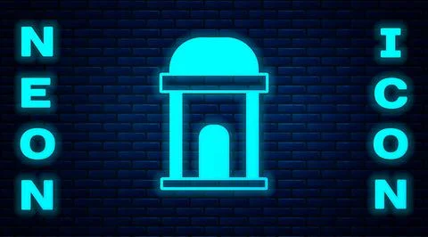Glowing neon Old crypt icon isolated on brick wall background. Cemetery symbol Ilustración de archivo