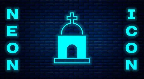 Glowing neon Old crypt icon isolated on brick wall background. Cemetery symbol Ilustración de archivo