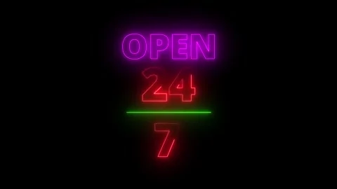 Glowing Neon OPEN 24 Hour 7 Day Sign Animation on a black Background. 4k vide Vidéo 340179418