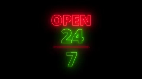 Glowing Neon OPEN 24 Hour 7 Day Sign Animation on a black Background. 4k vide Vidéo 340595759
