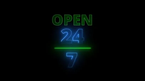 Glowing Neon OPEN 24 Hour 7 Day Sign Animation on a black Background. 4k vide Stockbeeldmateriaal 341504986