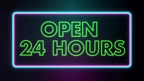 Glowing Neon Open 24 Hours Sign Animation with Flickering Light Effect Stock Footage 341540854