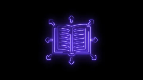 Glowing neon open book with arrows radiating outwards symbolizing knowledge Stock Footage 333962995