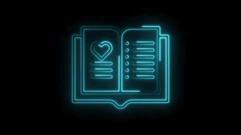 Glowing neon open book with heart and list on a black background Stock Footage 312113247