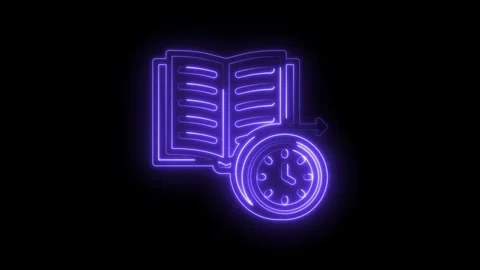 Glowing neon open book icon with clock and forward arrow symbolizing learning Stockbeeldmateriaal 333951467