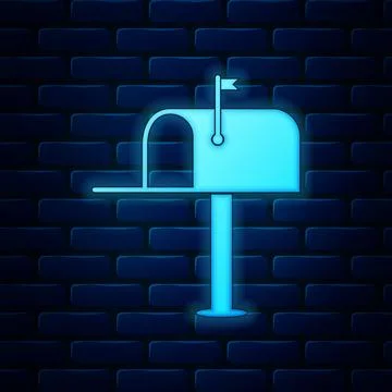 Glowing neon Open mail box icon isolated on brick wall background. Mailbox icon Stock Illustration