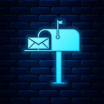 Glowing neon Open mail box with an envelope icon isolated on brick wall Stock Illustration