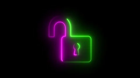 Glowing Neon Open Padlock Icon on Black Background, Cyber Security, Digital.. Stock Footage 309041064