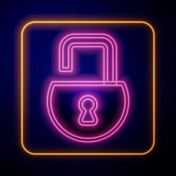 Glowing neon Open padlock icon isolated on black background. Opened lock sign Illustrazione stock