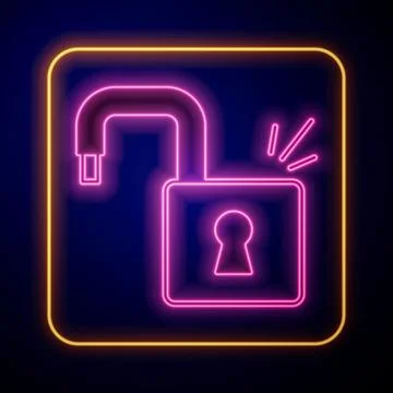 Glowing neon Open padlock icon isolated on black background. Opened lock sign Illustrazione stock