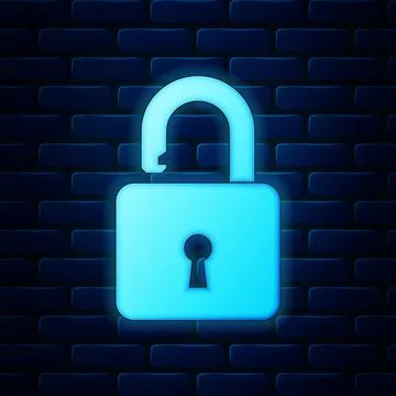 Glowing neon Open padlock icon isolated on brick wall background. Opened lock Stock Illustration