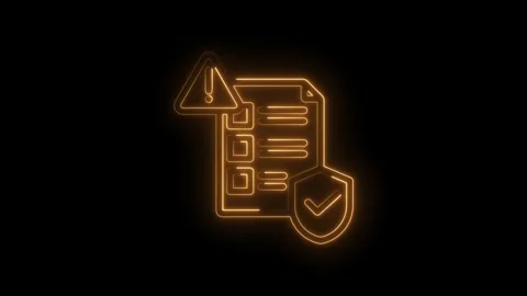 Glowing neon orange checklist document with warning sign and shield icon on.. Stock Footage 346140546