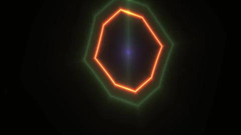 Glowing neon orange hexagon shape with blue center on black background. Stock Footage 336699922